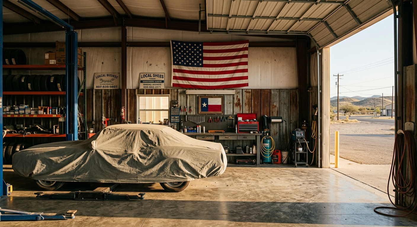American flag hanging inside a tidy auto body shop