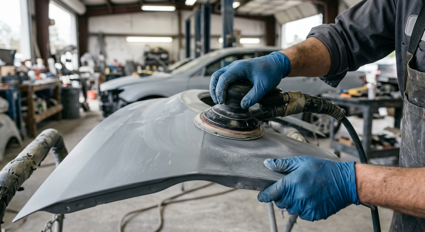 Technician sanding a vehicle fender panel