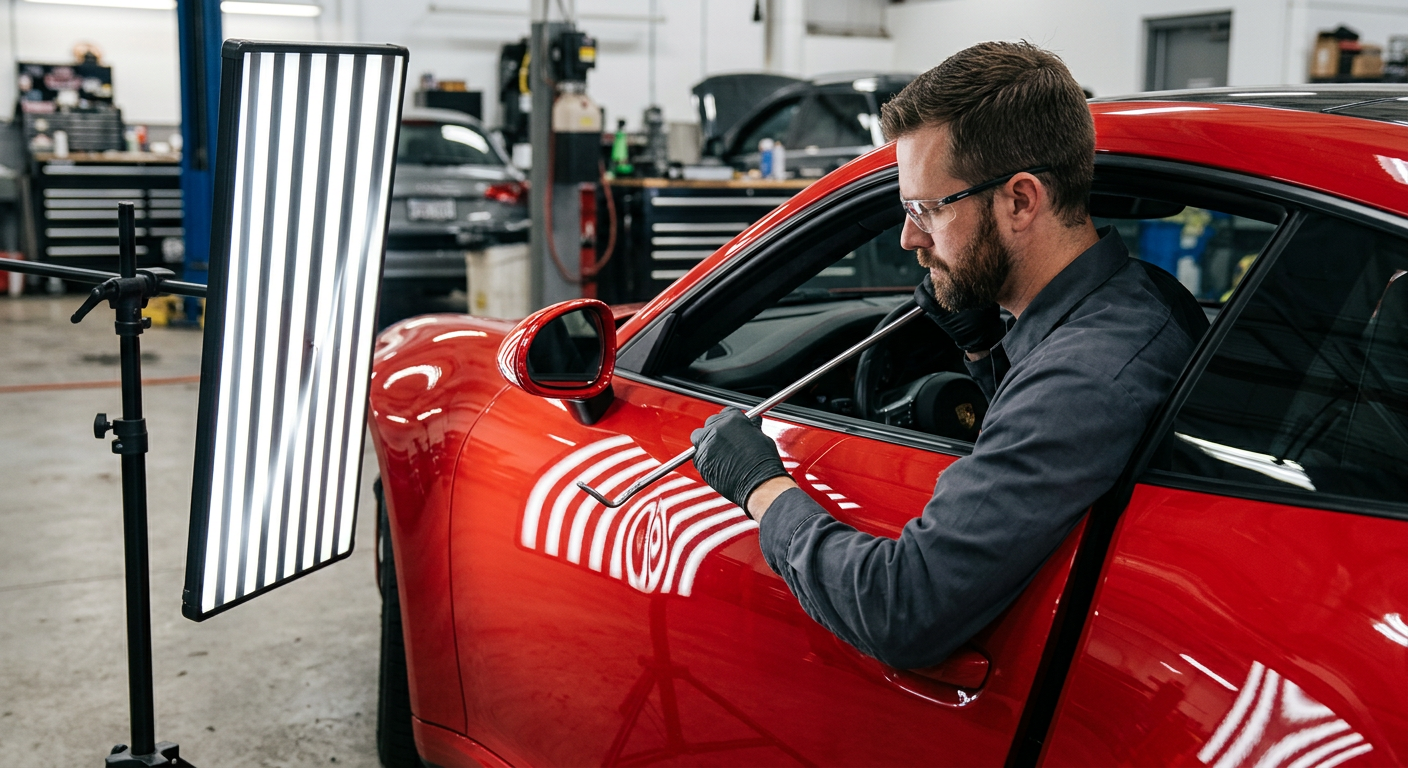 Dent repair on a glossy red car door under a reflection light