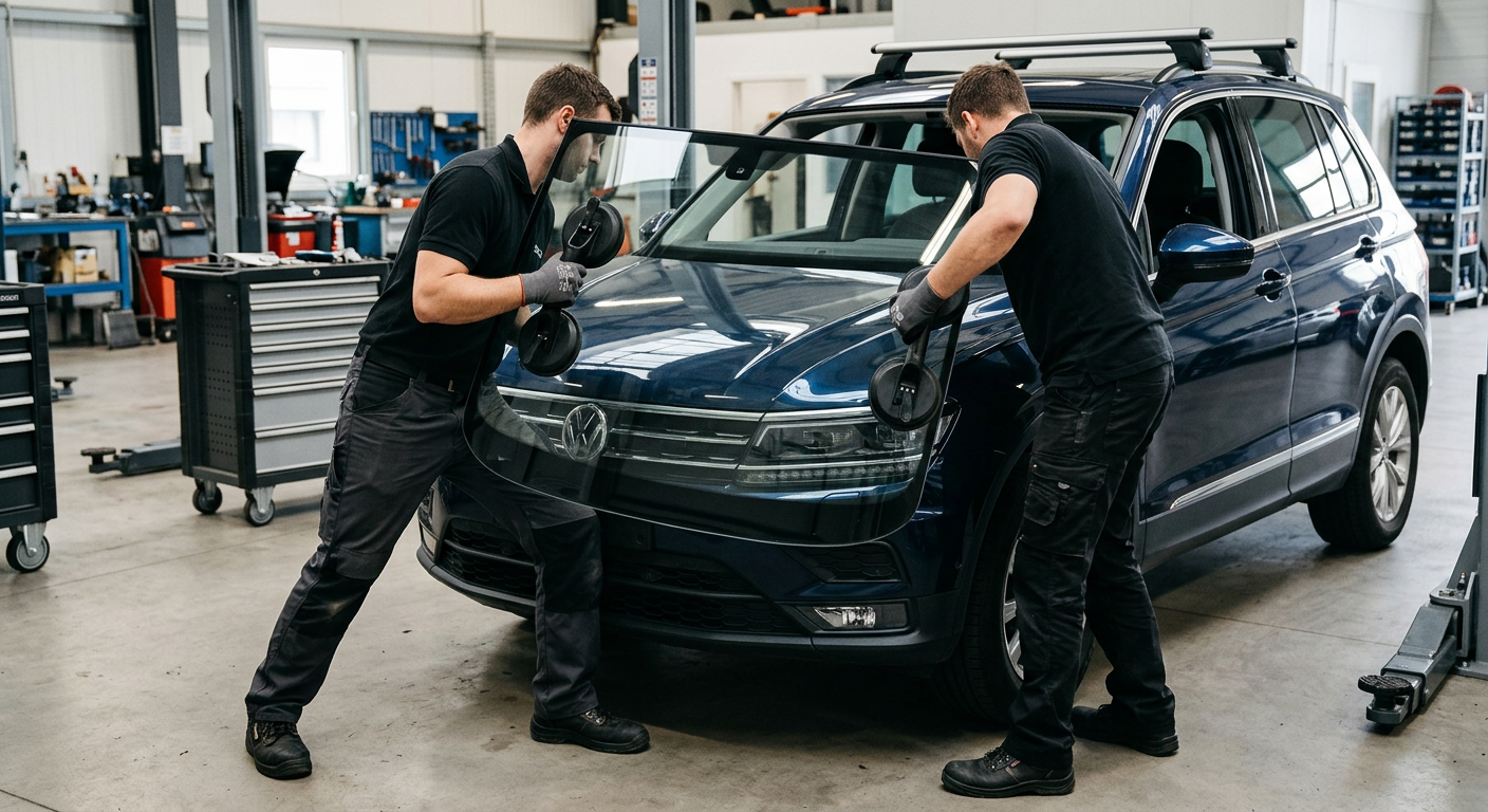Technicians installing a new windshield on an SUV