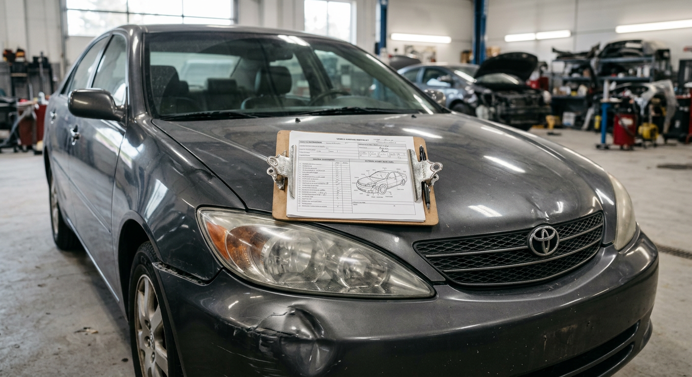 Damage inspection checklist resting on a car hood